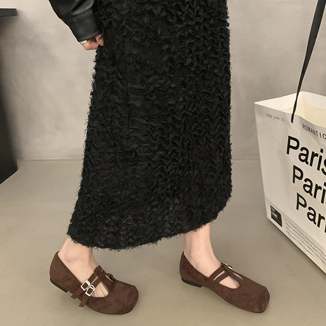 女性用スエード調パンプス二連ストラップローヒール靴