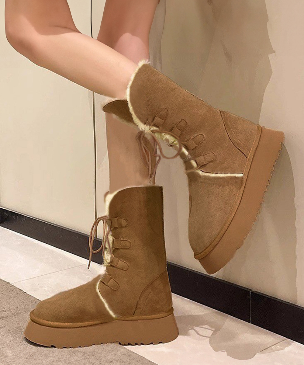 スエード靴 裏起毛ムートンブーツ 厚底 防寒 編み上げ ミドルブーツ