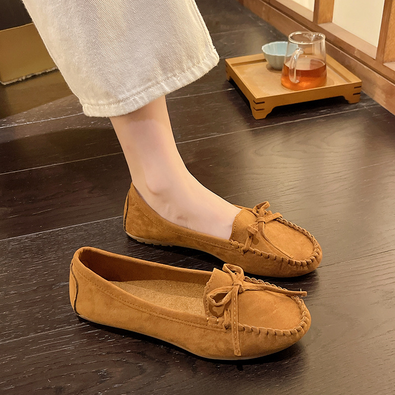 スエード靴 リボン飾り柔らか歩きモカシン