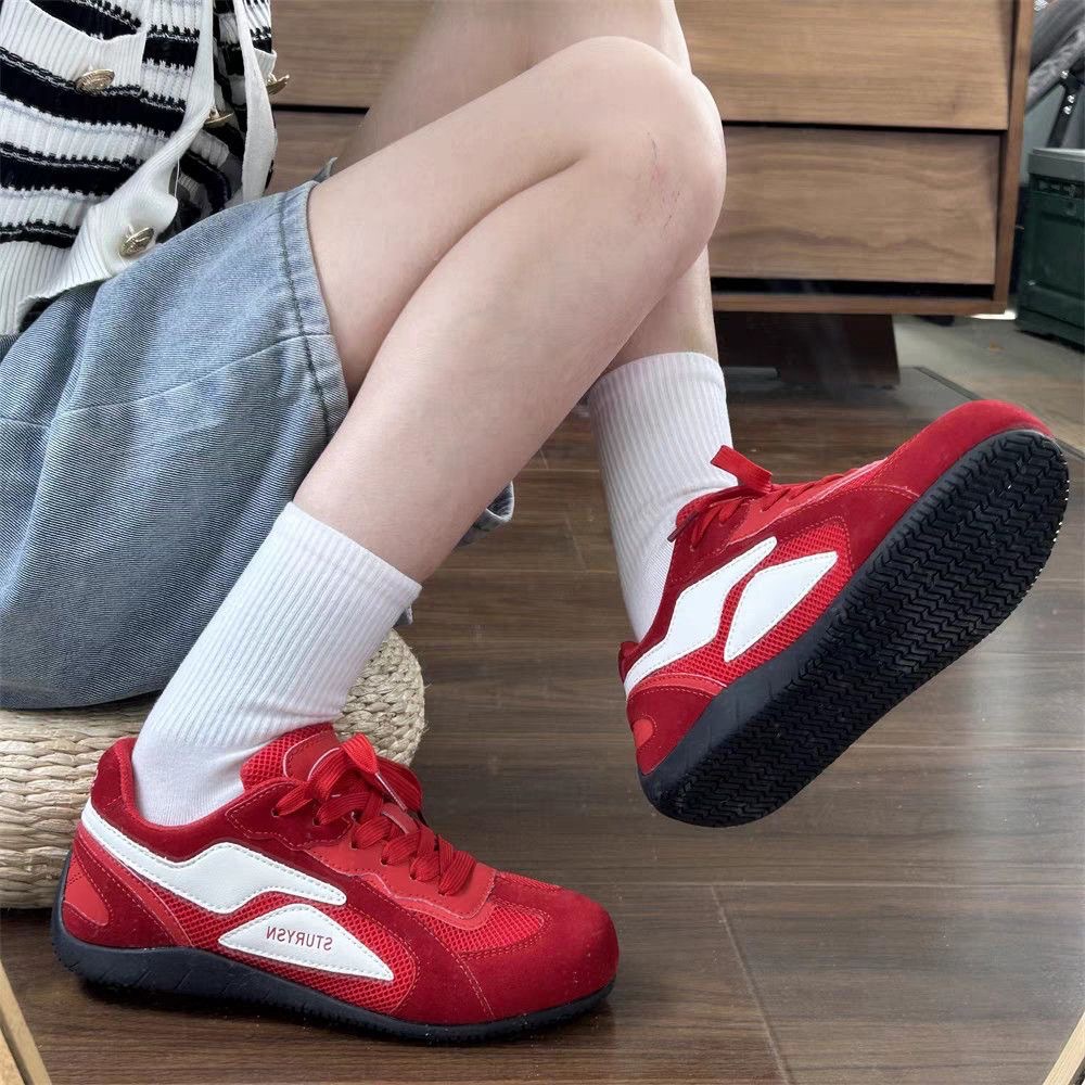 スエード靴 配色スエード厚底スニーカー美脚レトロ運動靴