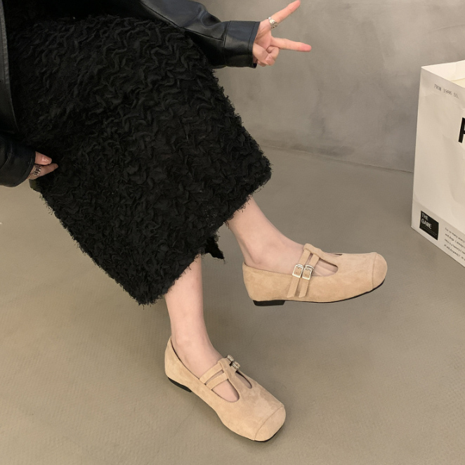 女性用スエード調パンプス二連ストラップローヒール靴