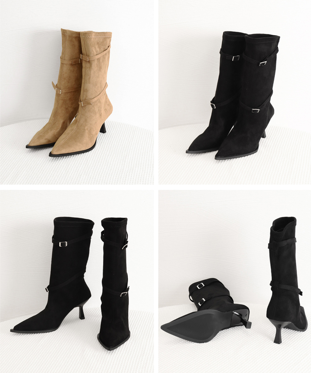 レディース 尖った爪先 中丈 スエード靴 美脚ブーツ