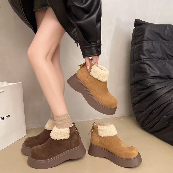 スエード靴 レディース厚底スエード調もこもこショートブーツ秋冬