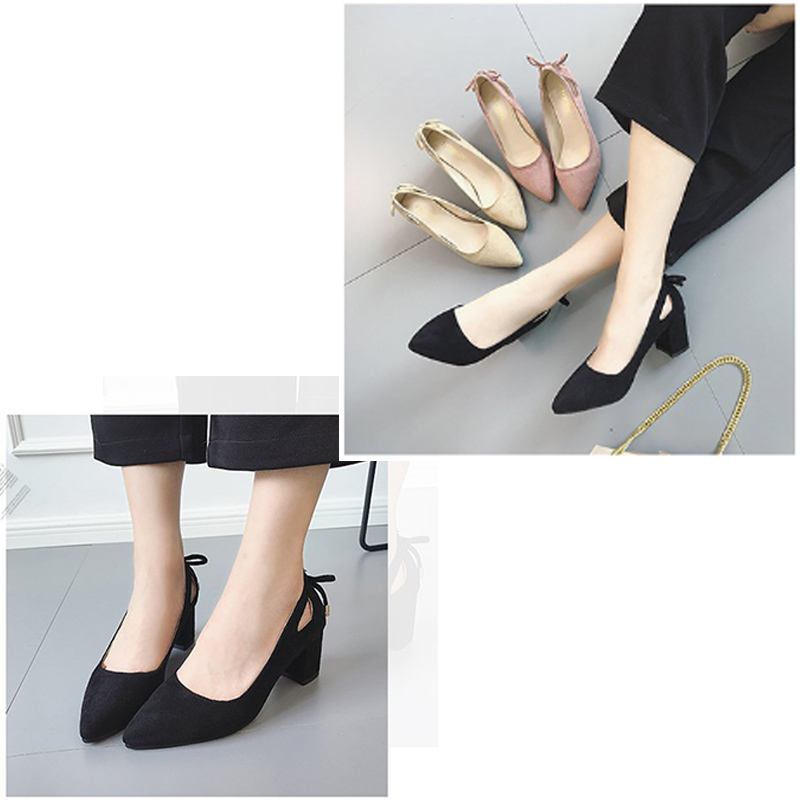  女性用パンプス 尖頭スエード調 後リボン 太ヒール 上品