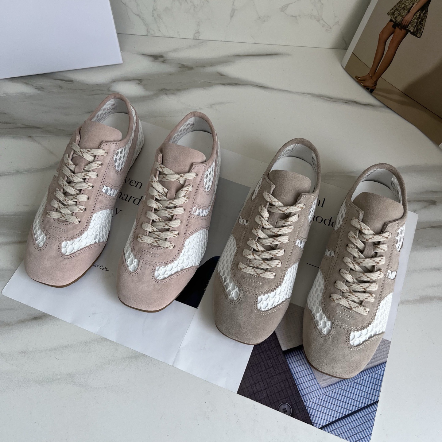 スエード靴 パイソン柄切替レースアップススニーカー