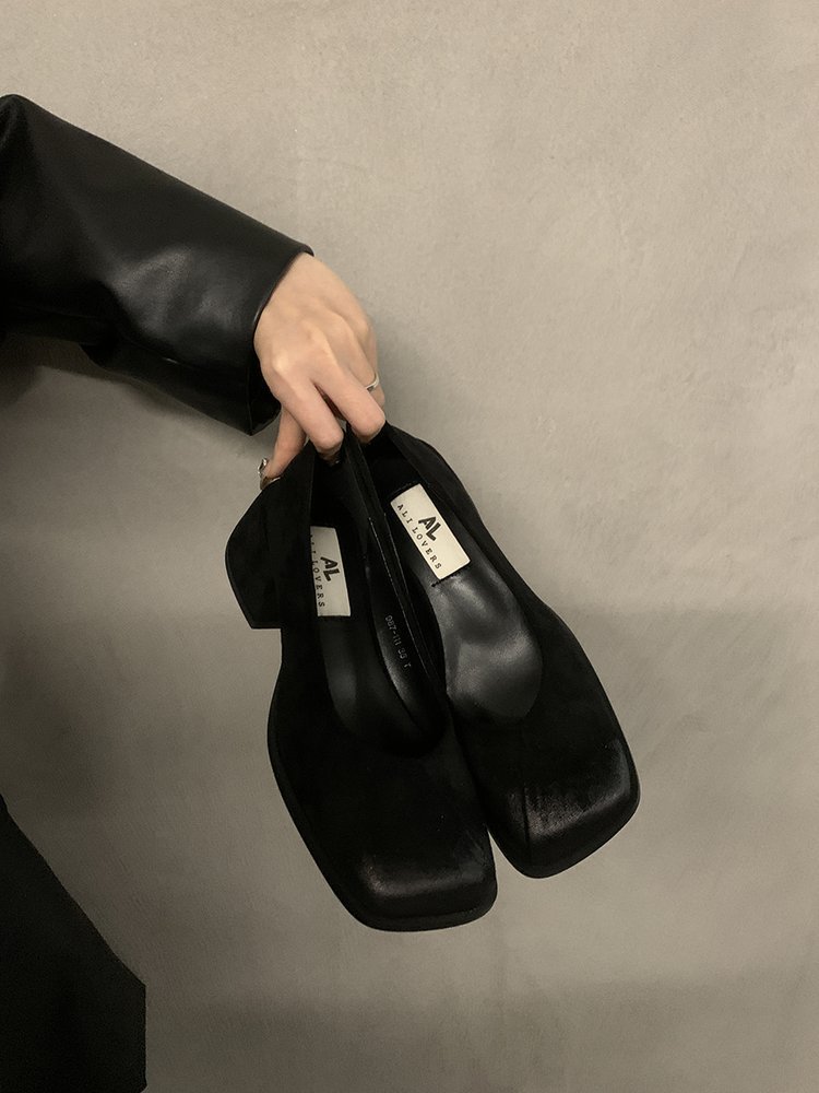 スエード靴 レディース スエード調 太め ヒール パンプス