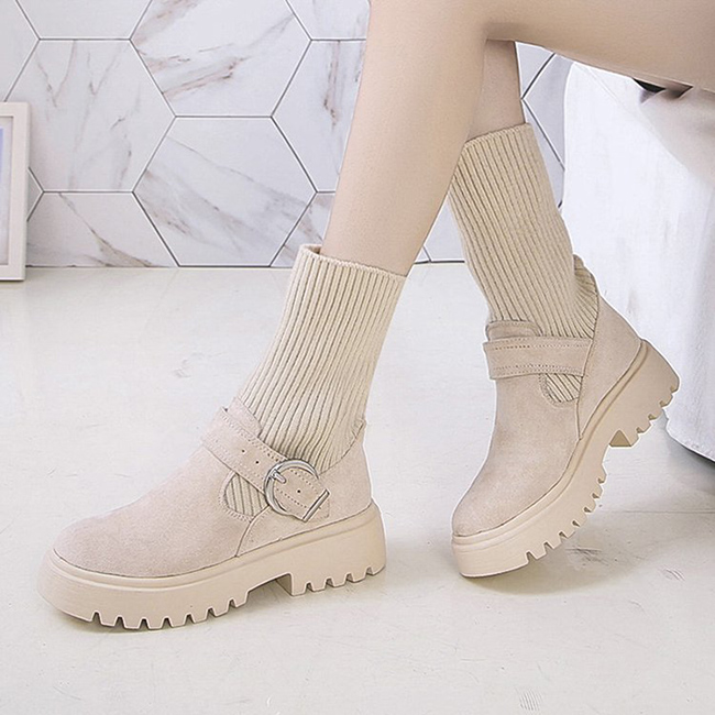 スエード靴 レディース 二重履き風 厚底 靴