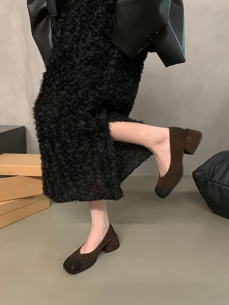 スエード靴 レディース スエード調 太め ヒール パンプス