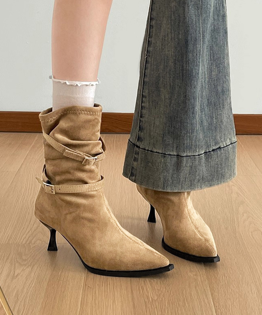 レディース 尖った爪先 中丈 スエード靴 美脚ブーツ