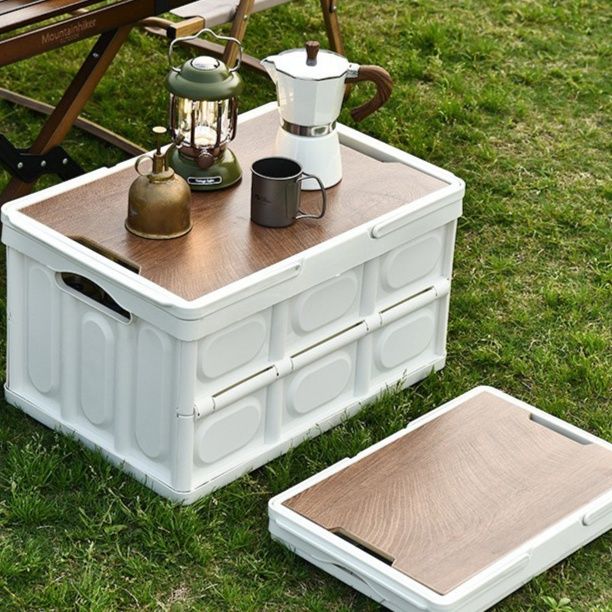 グッズ収納 折りたたみ式木目調天板付き多機能収納箱