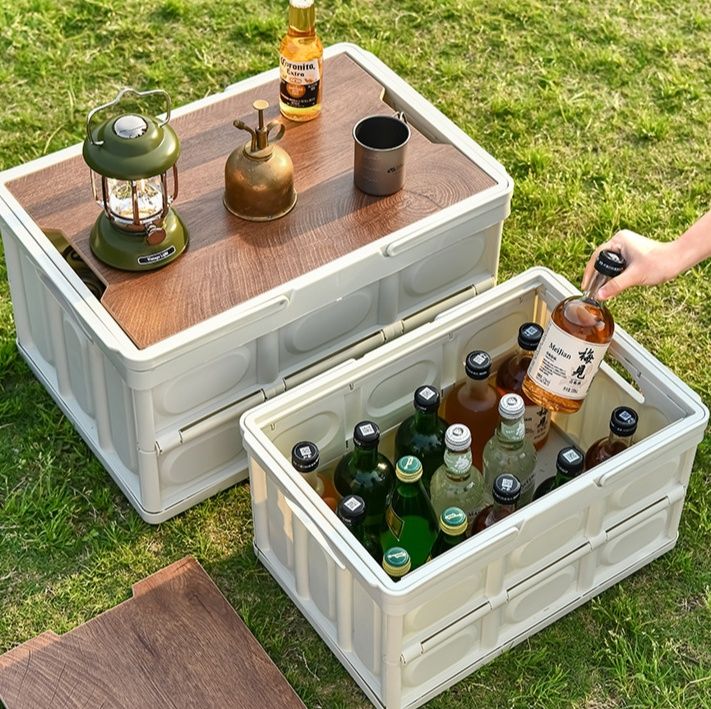 グッズ収納 折りたたみ式木目調天板付き多機能収納箱