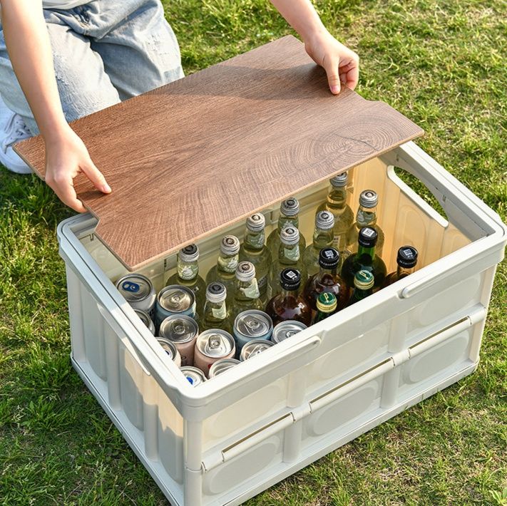 グッズ収納 折りたたみ式木目調天板付き多機能収納箱