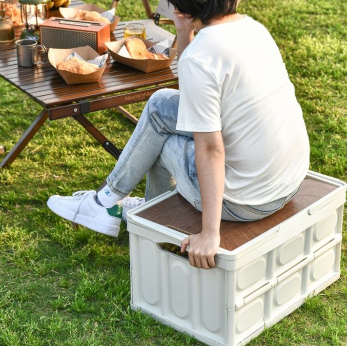 グッズ収納 折りたたみ式木目調天板付き多機能収納箱