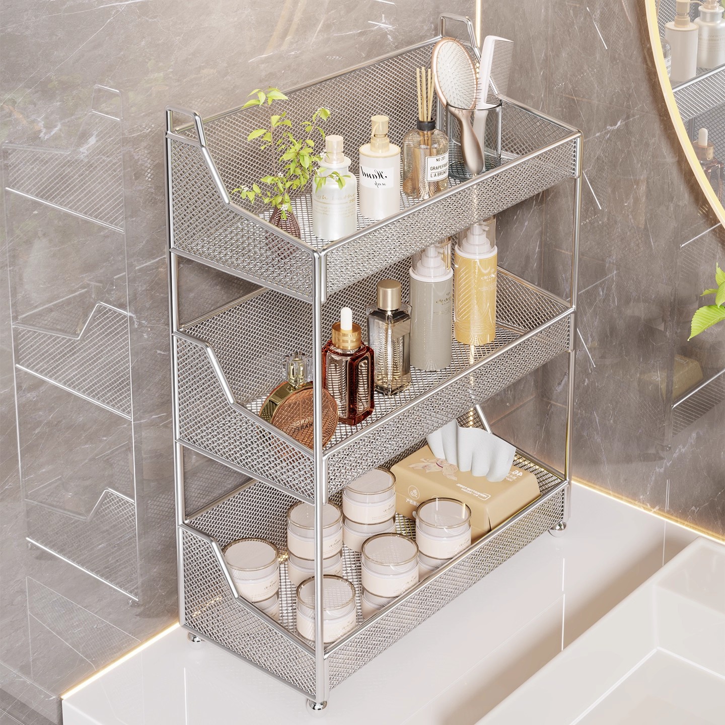 グッズ収納 三段式メッシュ棚化粧品整理ラック