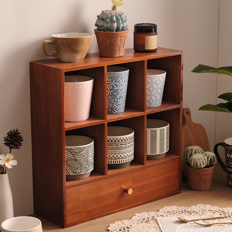 グッズ収納 木製六仕切り引き出し付き卓上整理棚収納ケース