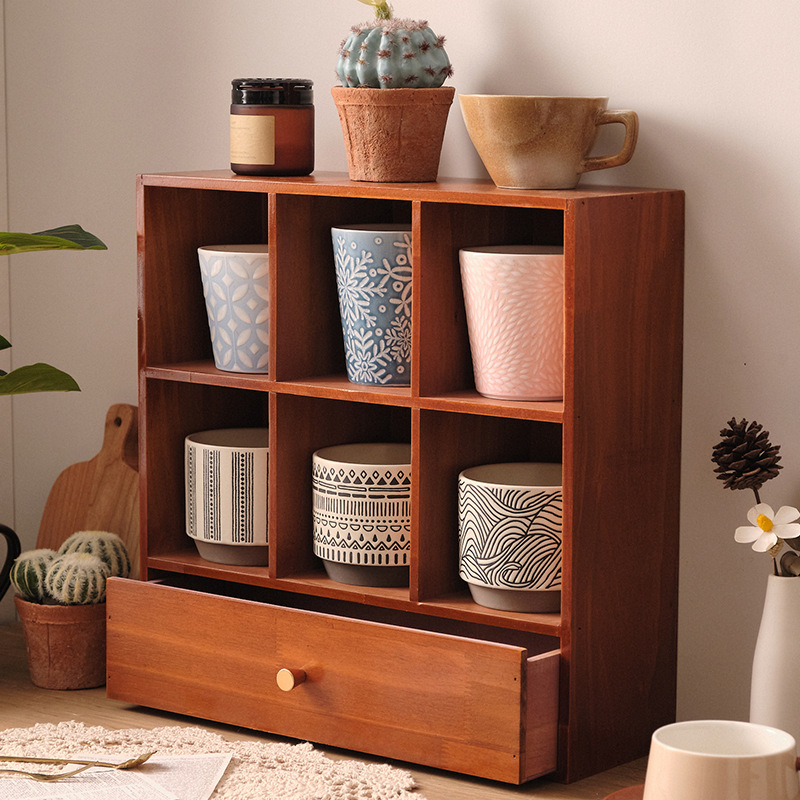 グッズ収納 木製六仕切り引き出し付き卓上整理棚収納ケース