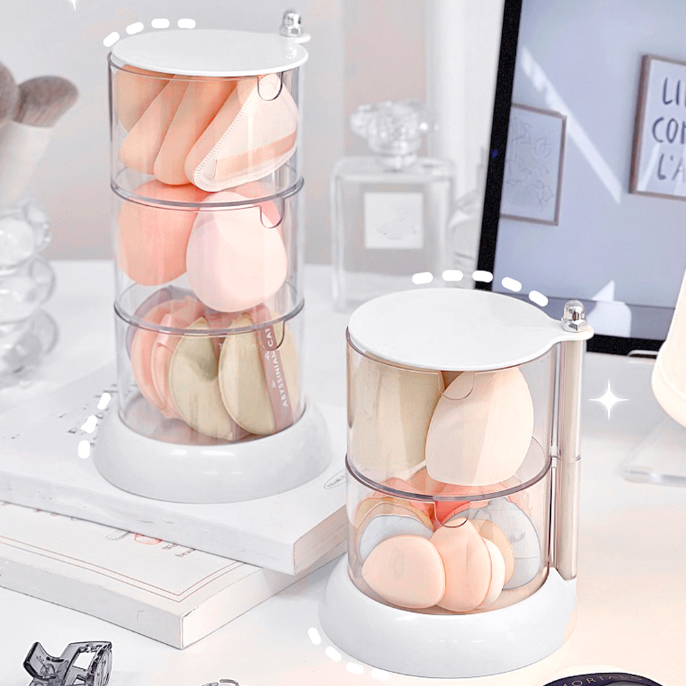 グッズ収納 回転式多段収納ケース 透明パフ小物入れ