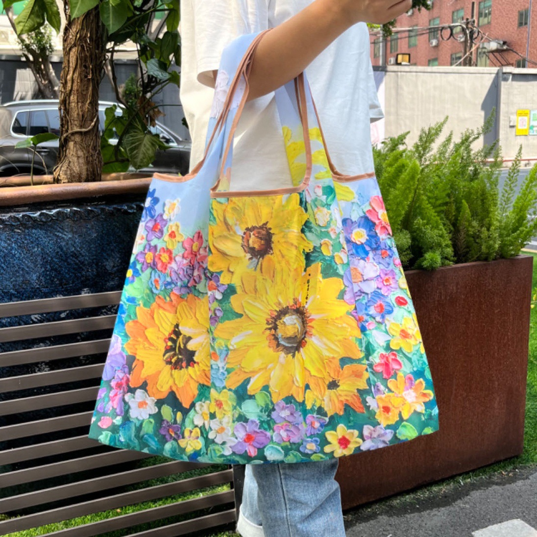 ハワイアン雑貨・ハワイ服・ハワイバッグ ひまわり花畑油絵風大容量トートバッグ