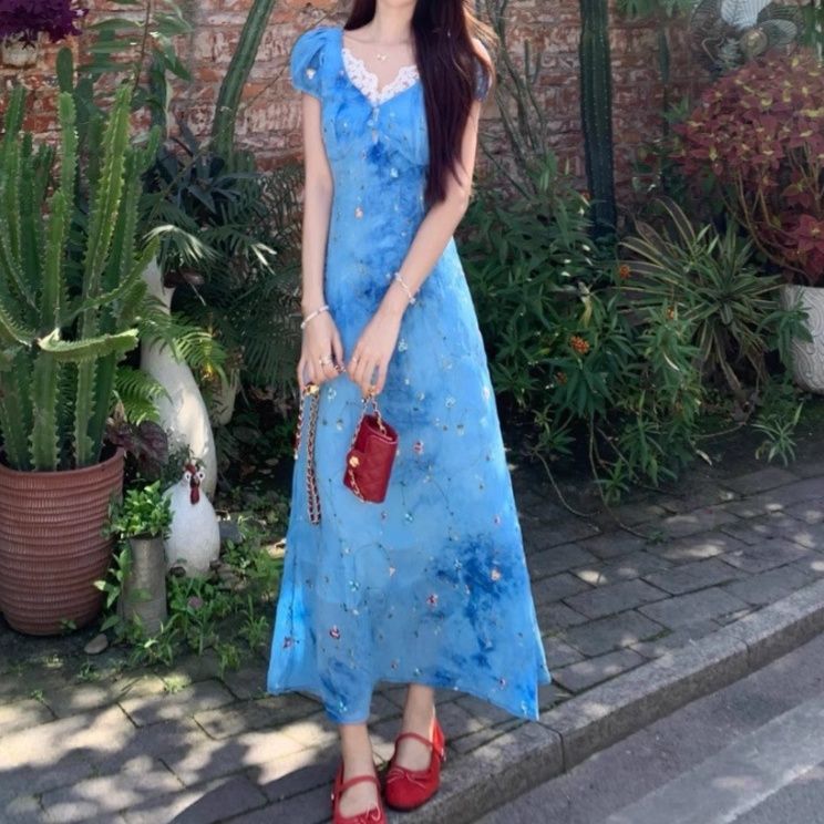 ハワイアン雑貨・ハワイ服・ハワイバッグ 花柄レース襟ふんわり袖ロングドレス