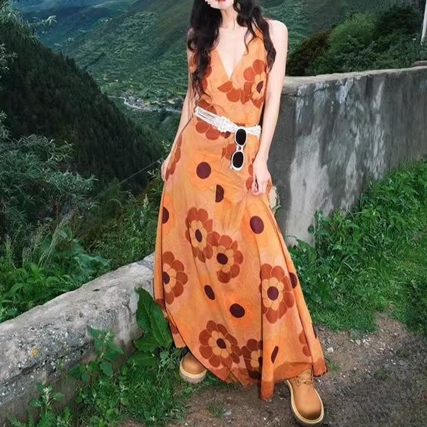ハワイアン雑貨・ハワイ服・ハワイバッグ 大花柄ノースリーブVネックロングドレス