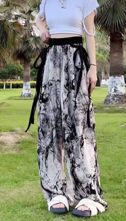 ハワイアン雑貨・ハワイ服・ハワイバッグ 竹林墨絵プリントリボン付きワイドパンツ