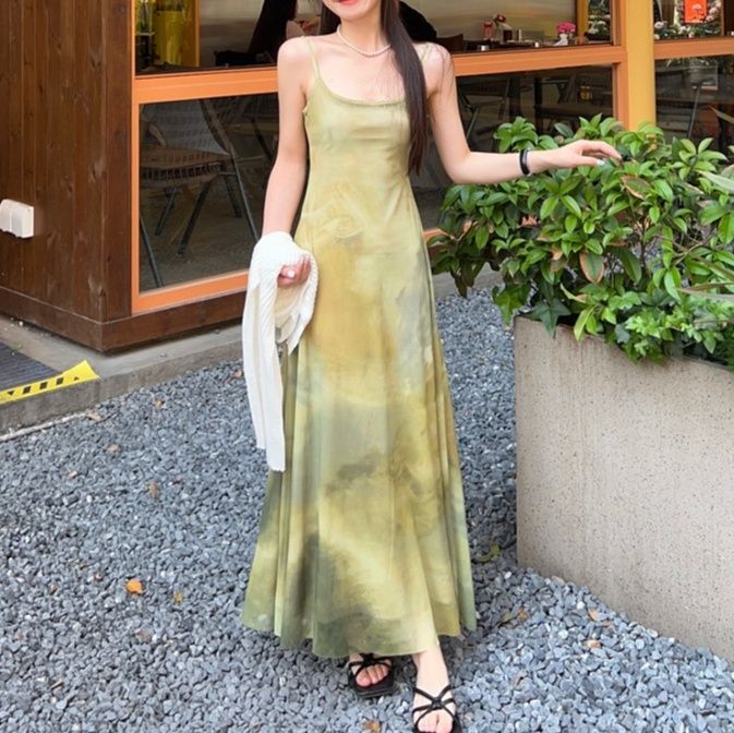 ハワイアン雑貨・ハワイ服・ハワイバッグ 南国風タイダイ柄細紐マキシワンピース