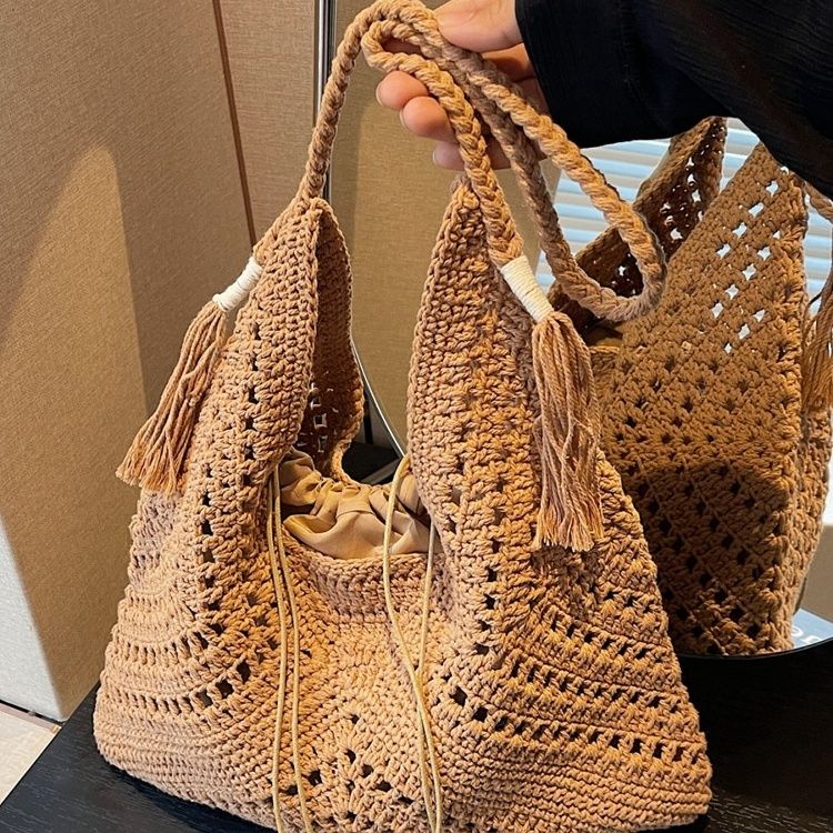 ハワイアン雑貨・ハワイ服・ハワイバッグ 編み込みフリンジ巾着トートバッグ