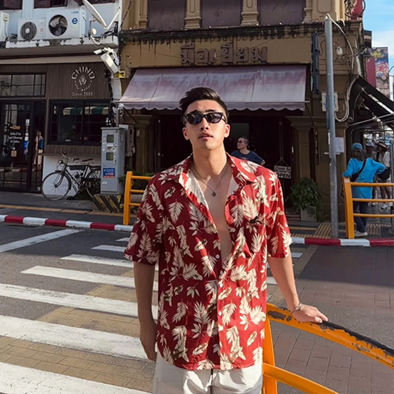 ハワイアン 南国リーフ柄半袖アロハシャツ メンズ