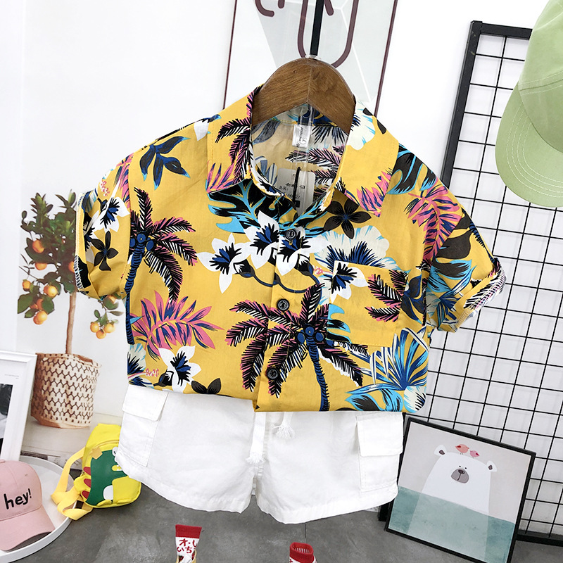 ハワイ服 キッズ南国花柄半袖アロハシャツセット