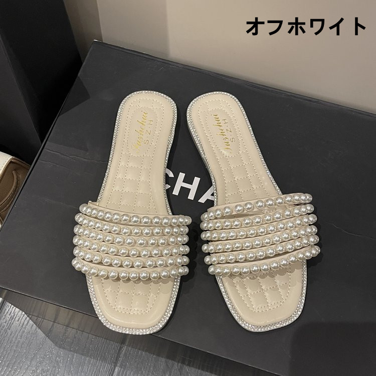 真珠風装飾付き上品な女性用フラットスリッパ