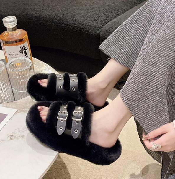 韓国風ファーバックル付きスリッパ秋冬保温