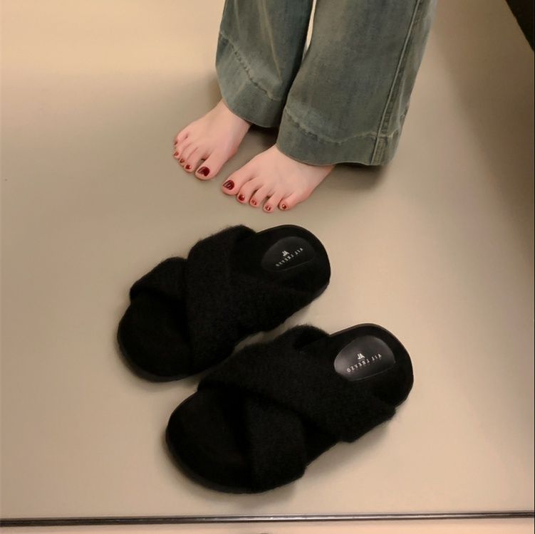 暖かいもこもこクロスベルト厚底スリッパ女性用秋冬
