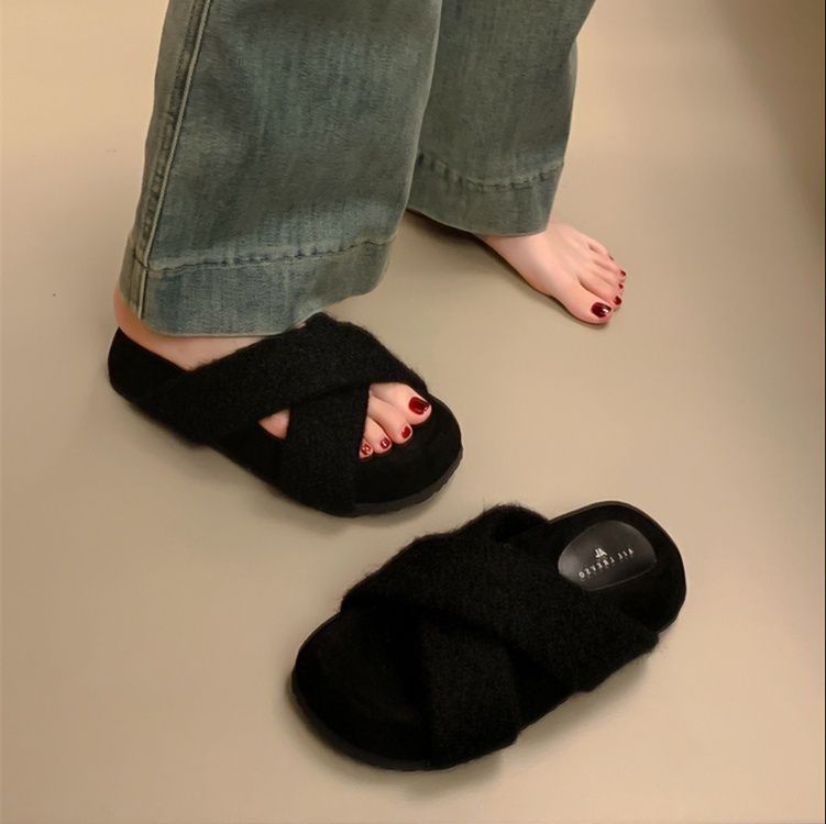 暖かいもこもこクロスベルト厚底スリッパ女性用秋冬