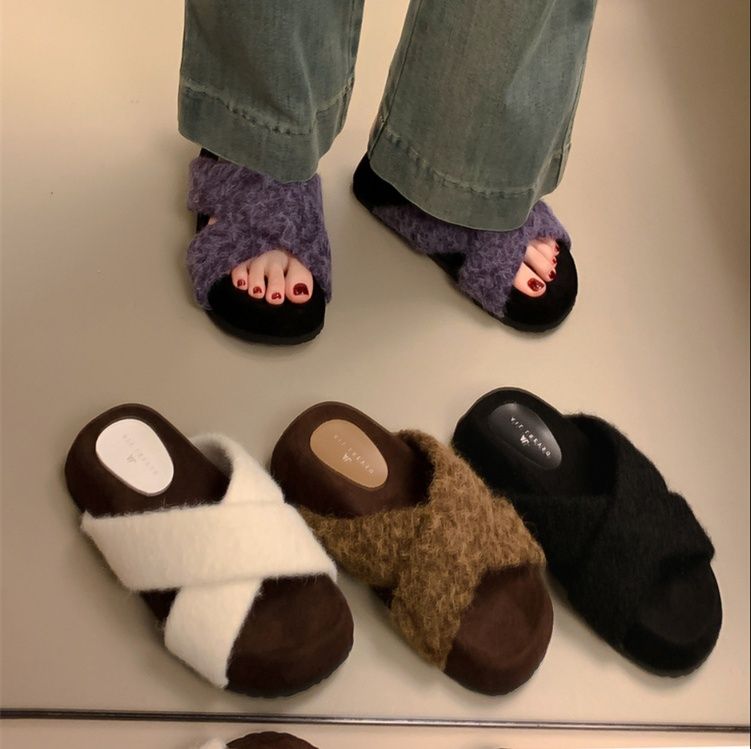 暖かいもこもこクロスベルト厚底スリッパ女性用秋冬