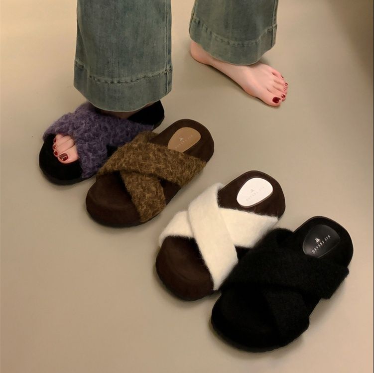 暖かいもこもこクロスベルト厚底スリッパ女性用秋冬