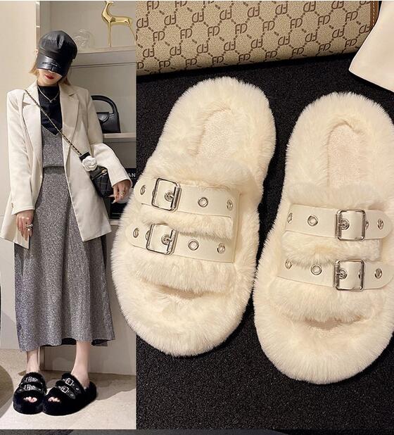 韓国風ファーバックル付きスリッパ秋冬保温