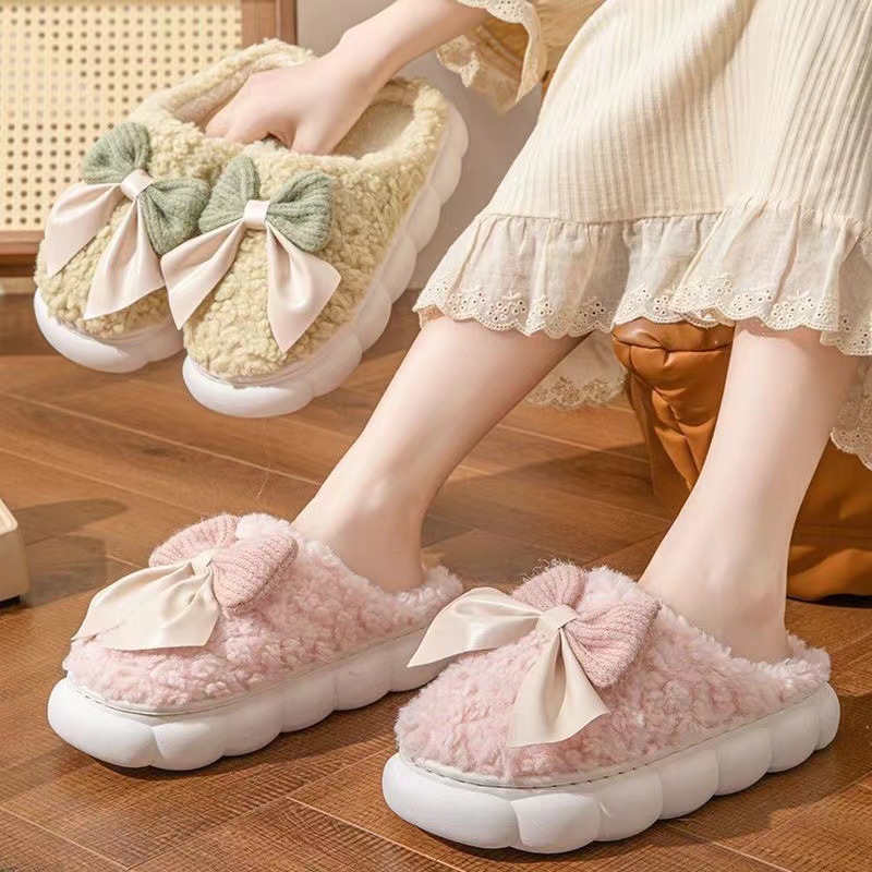 スリッパ もこもこリボン付き厚底ルームシューズ