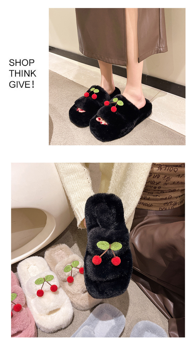 さくらんぼ刺繍ふわふわファースリッパ
