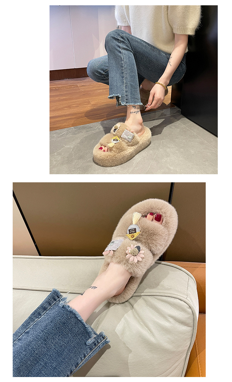 レディース ふわふわ ファー スリッパ 花飾り付き ルームシューズ