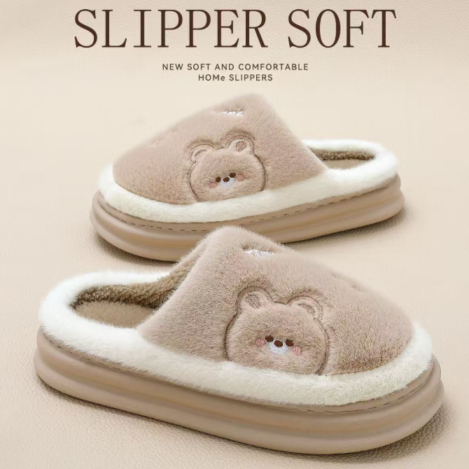 秋冬新作 くまさん刺繍 ふわふわ ファー付き ルームスリッパ