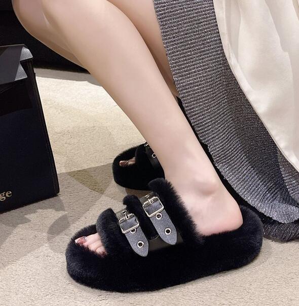 韓国風ファーバックル付きスリッパ秋冬保温