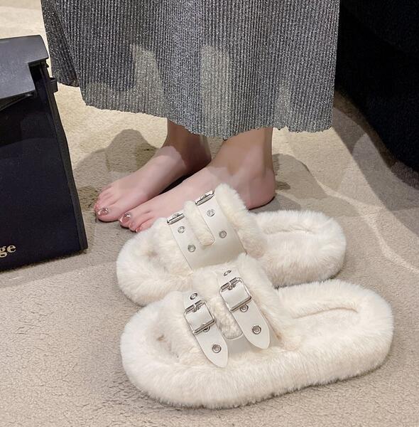 韓国風ファーバックル付きスリッパ秋冬保温