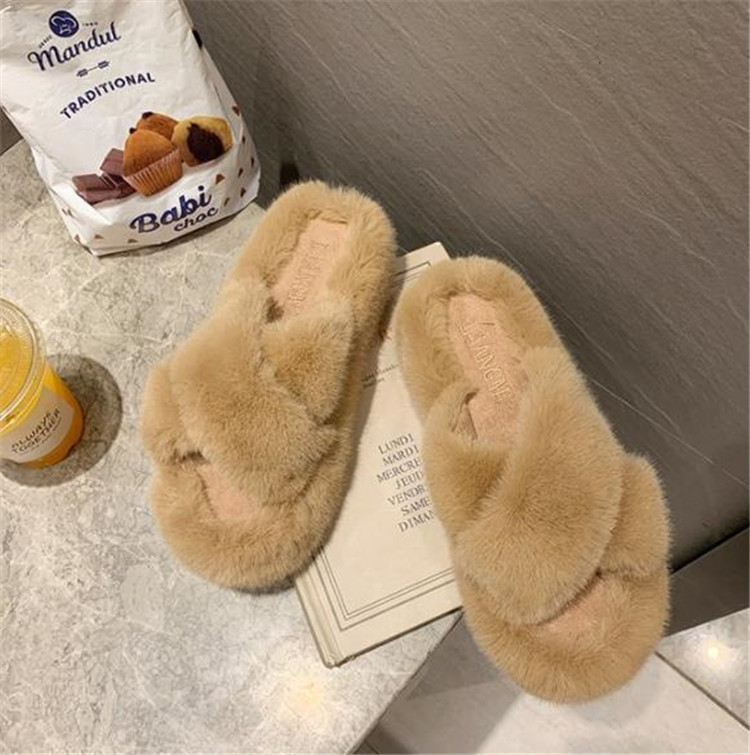 ふわふわファー交差ストラップスリッパ女性用厚底