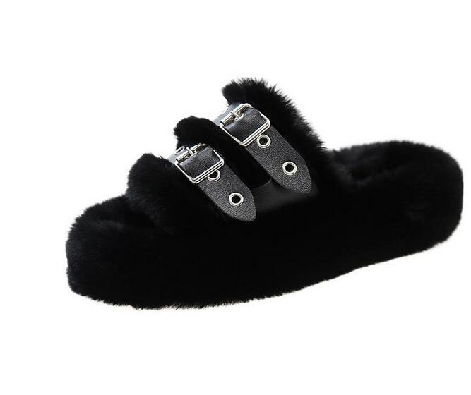 韓国風ファーバックル付きスリッパ秋冬保温