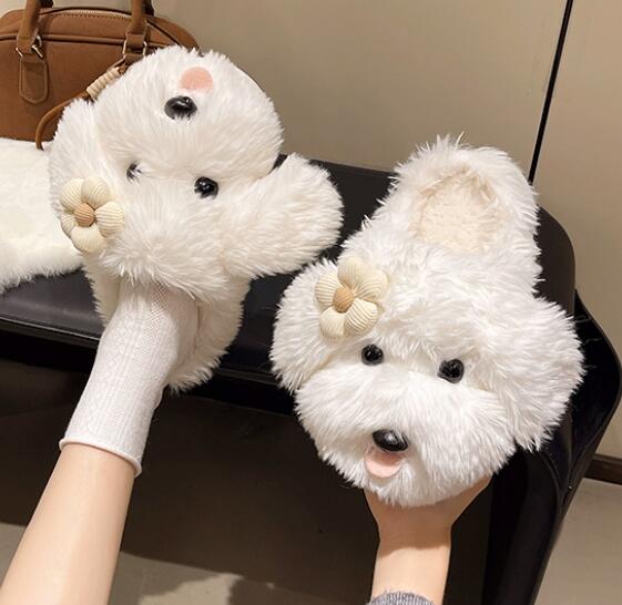 秋冬ふわふわ毛玉犬顔ルームスリッパ花飾り付き