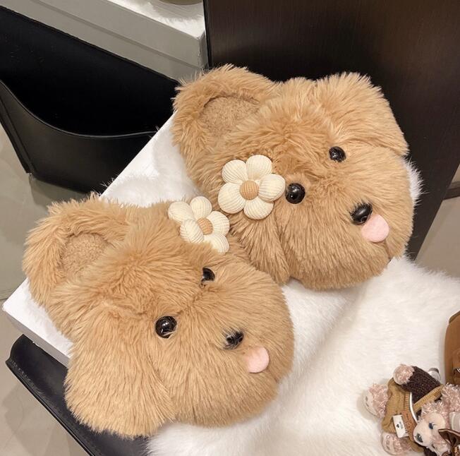 秋冬ふわふわ毛玉犬顔ルームスリッパ花飾り付き