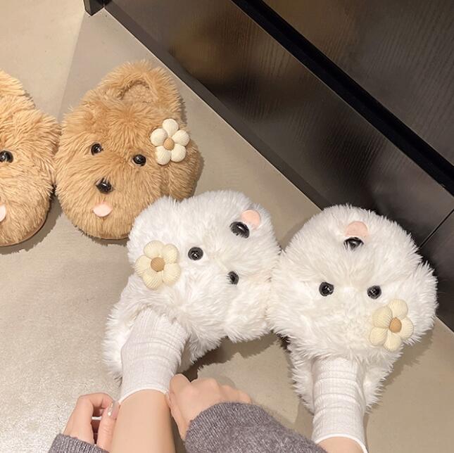 秋冬ふわふわ毛玉犬顔ルームスリッパ花飾り付き