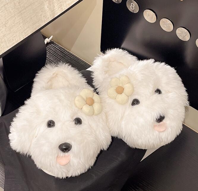 秋冬ふわふわ毛玉犬顔ルームスリッパ花飾り付き