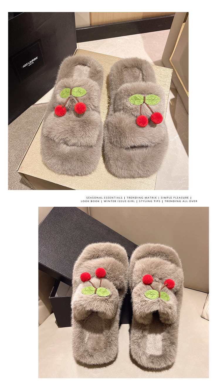 さくらんぼ刺繍ふわふわファースリッパ