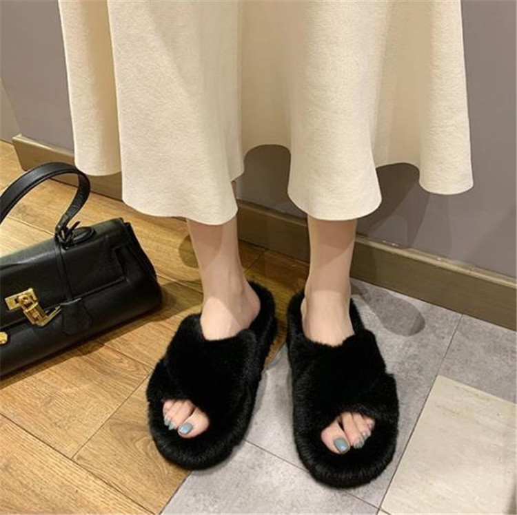 ふわふわファー交差ストラップスリッパ女性用厚底